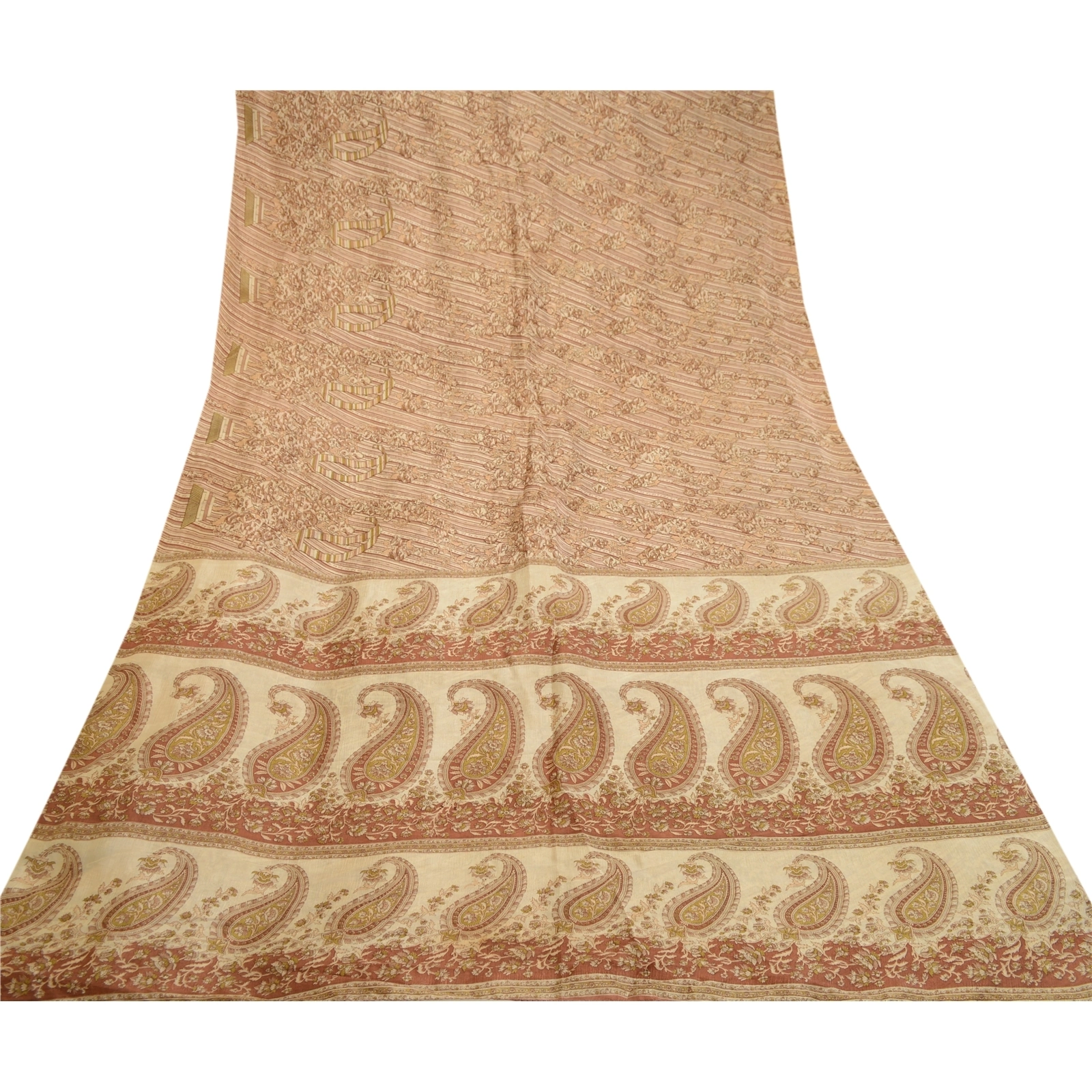 Sanskriti Vintage Brown Indian Sarees 100% Pure Silk Printed Sari Craft Fabric, PR-58476-Cream &amp; Brown-100% Pure Silk-7