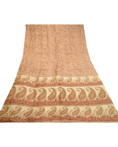 Sanskriti Vintage Brown Indian Sarees 100% Pure Silk Printed Sari Craft Fabric, PR-58476-Cream &amp; Brown-100% Pure Silk-7