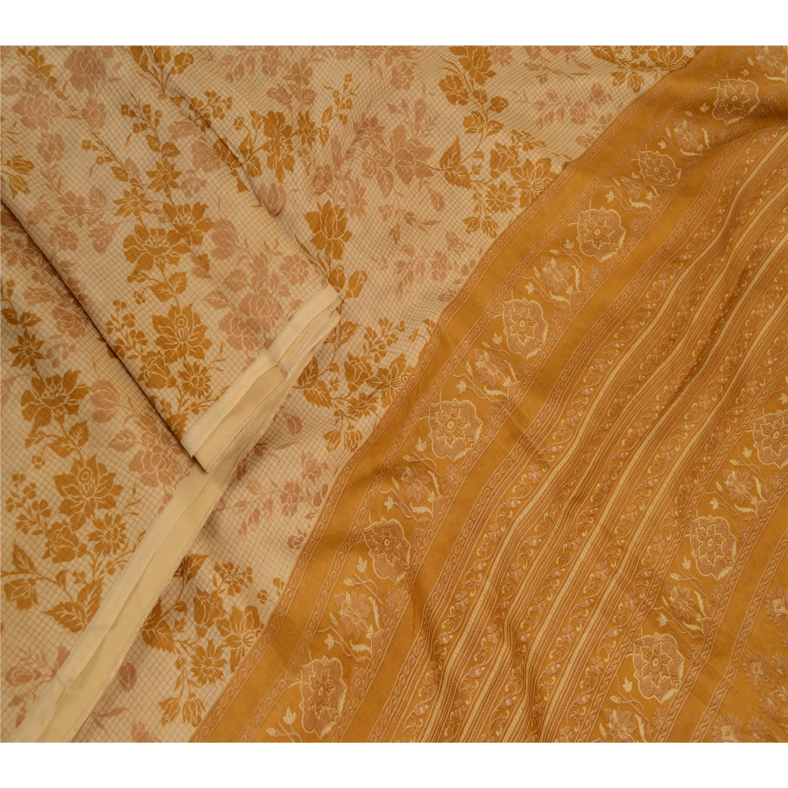 Sanskriti Vintage Beige Indian Sarees 100% Pure Silk Printed Sari Craft Fabric, PR-58477-Beige &amp; Mustard-100% Pure Silk-1