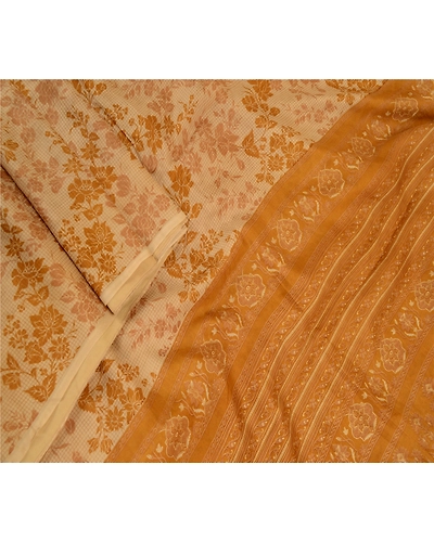 Sanskriti Vintage Beige Indian Sarees 100% Pure Silk Printed Sari Craft Fabric, PR-58477-Beige &amp; Mustard-100% Pure Silk-1