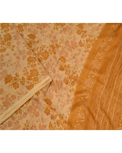 Sanskriti Vintage Beige Indian Sarees 100% Pure Silk Printed Sari Craft Fabric, PR-58477-Beige &amp; Mustard-100% Pure Silk-2