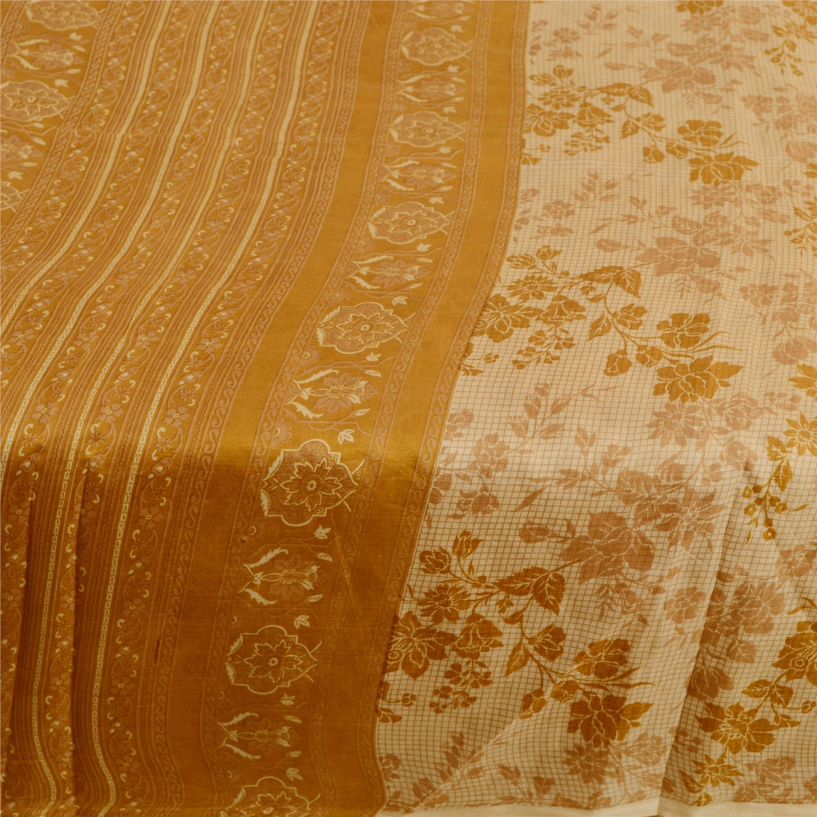 Sanskriti Vintage Beige Indian Sarees 100% Pure Silk Printed Sari Craft Fabric, PR-58477-Beige &amp; Mustard-100% Pure Silk-3