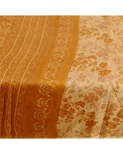 Sanskriti Vintage Beige Indian Sarees 100% Pure Silk Printed Sari Craft Fabric, PR-58477-Beige &amp; Mustard-100% Pure Silk-3