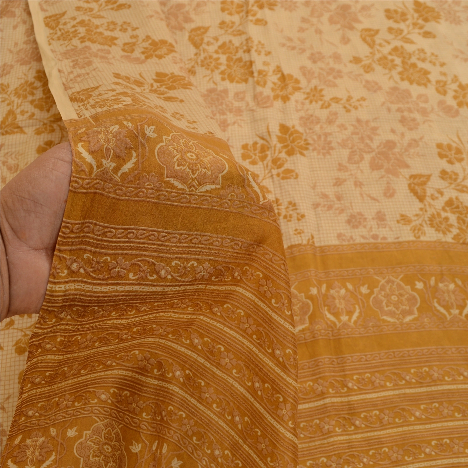 Sanskriti Vintage Beige Indian Sarees 100% Pure Silk Printed Sari Craft Fabric, PR-58477-Beige &amp; Mustard-100% Pure Silk-5