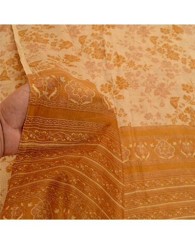 Sanskriti Vintage Beige Indian Sarees 100% Pure Silk Printed Sari Craft Fabric, PR-58477-Beige &amp; Mustard-100% Pure Silk-5