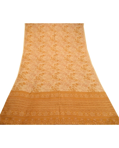 Sanskriti Vintage Beige Indian Sarees 100% Pure Silk Printed Sari Craft Fabric, PR-58477-Beige &amp; Mustard-100% Pure Silk-7