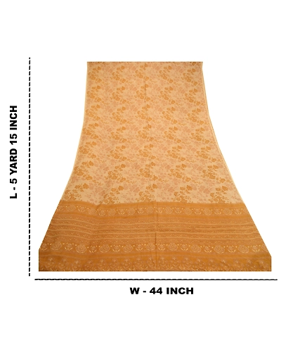 Sanskriti Vintage Beige Indian Sarees 100% Pure Silk Printed Sari Craft Fabric, PR-58477-Beige &amp; Mustard-100% Pure Silk-8
