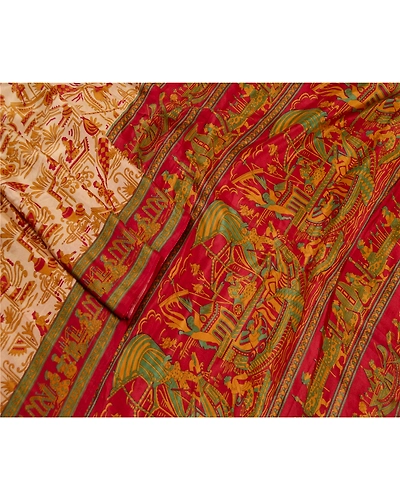 Sanskriti Vintage Indian Red Sarees Pure Silk Human Printed Sari Craft Fabric, PR-58499-Red-Printed Floral Design-Pure Silk-1