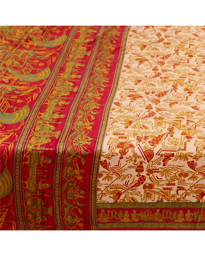 Sanskriti Vintage Indian Red Sarees Pure Silk Human Printed Sari Craft Fabric, PR-58499-Red-Printed Floral Design-Pure Silk-3
