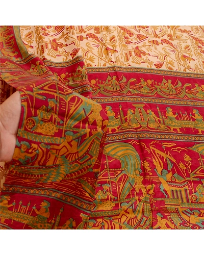 Sanskriti Vintage Indian Red Sarees Pure Silk Human Printed Sari Craft Fabric, PR-58499-Red-Printed Floral Design-Pure Silk-5