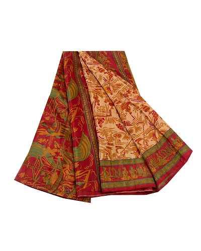 Sanskriti Vintage Indian Red Sarees Pure Silk Human Printed Sari Craft Fabric, PR-58499-Red-Printed Floral Design-Pure Silk-6