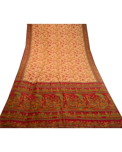 Sanskriti Vintage Indian Red Sarees Pure Silk Human Printed Sari Craft Fabric, PR-58499-Red-Printed Floral Design-Pure Silk-7