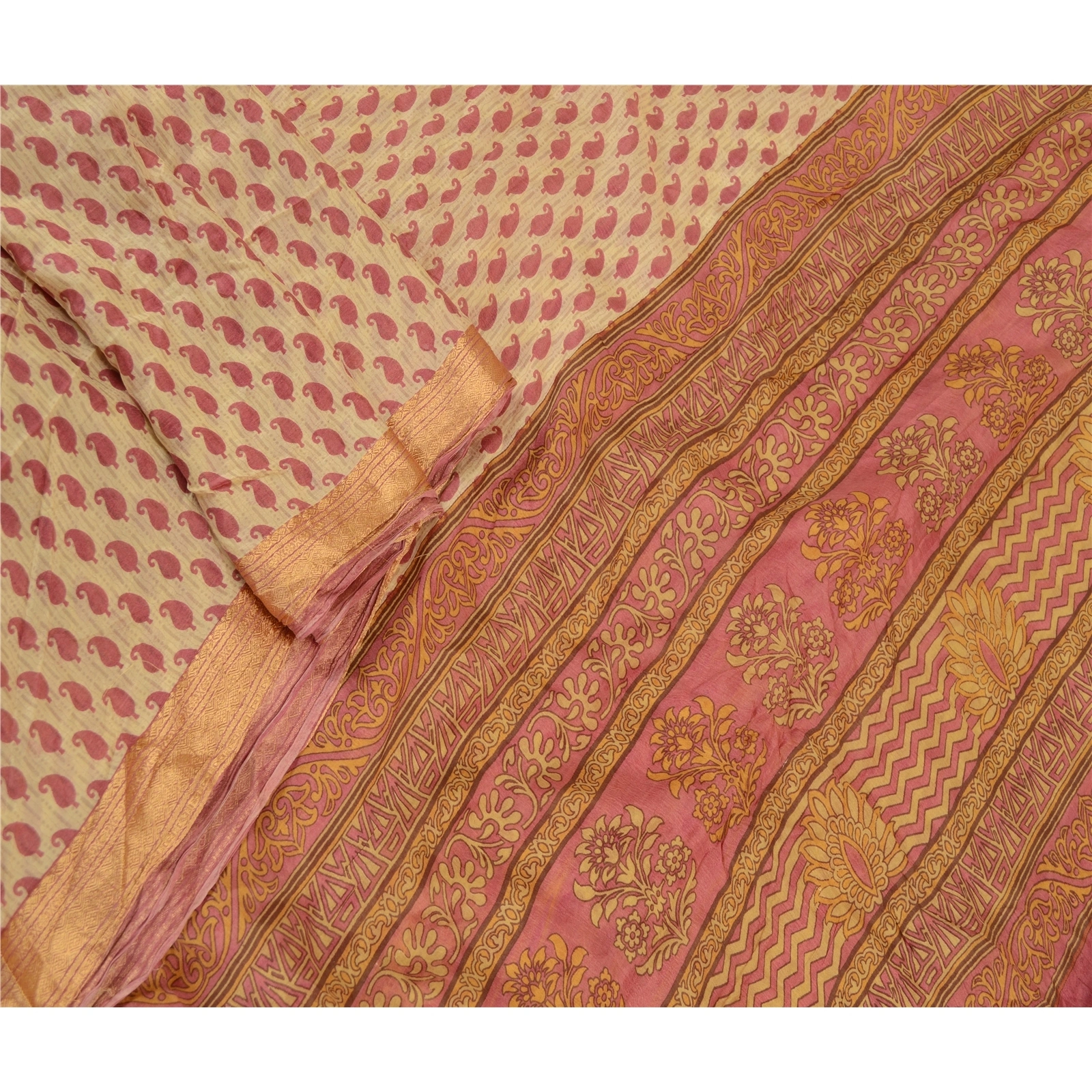 Sanskriti Vintage Pink Sarees Pure Silk Printed Zari Border Sari Craft Fabric, PR-58500-Pink-Printed Floral Design-Pure Silk-1