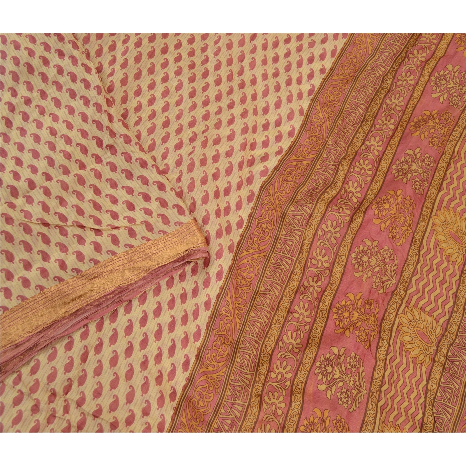 Sanskriti Vintage Pink Sarees Pure Silk Printed Zari Border Sari Craft Fabric, PR-58500-Pink-Printed Floral Design-Pure Silk-2