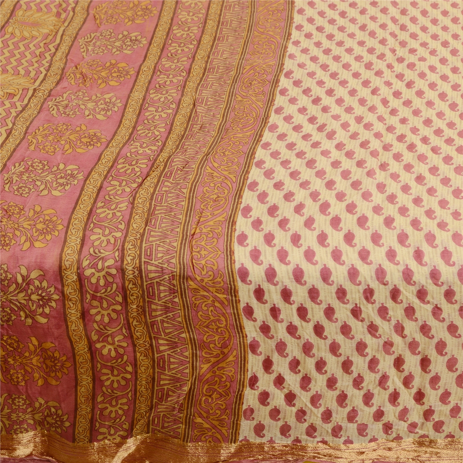 Sanskriti Vintage Pink Sarees Pure Silk Printed Zari Border Sari Craft Fabric, PR-58500-Pink-Printed Floral Design-Pure Silk-3