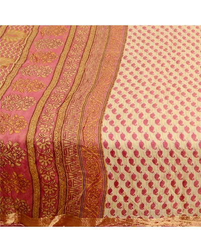 Sanskriti Vintage Pink Sarees Pure Silk Printed Zari Border Sari Craft Fabric, PR-58500-Pink-Printed Floral Design-Pure Silk-3
