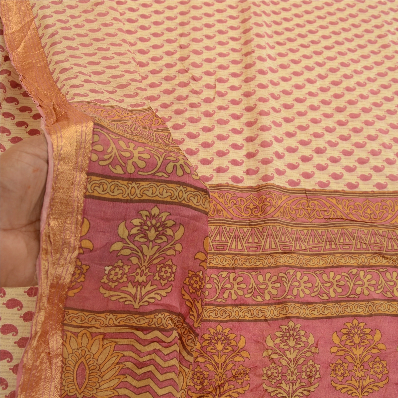 Sanskriti Vintage Pink Sarees Pure Silk Printed Zari Border Sari Craft Fabric, PR-58500-Pink-Printed Floral Design-Pure Silk-5