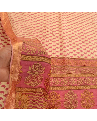 Sanskriti Vintage Pink Sarees Pure Silk Printed Zari Border Sari Craft Fabric, PR-58500-Pink-Printed Floral Design-Pure Silk-5
