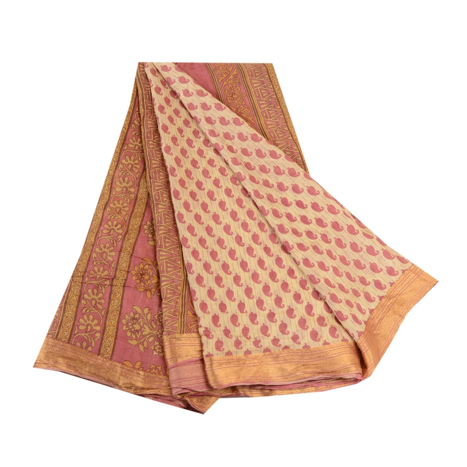 Sanskriti Vintage Pink Sarees Pure Silk Printed Zari Border Sari Craft Fabric, PR-58500-Pink-Printed Floral Design-Pure Silk-6