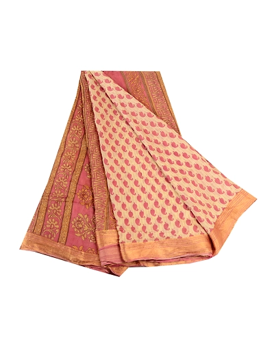 Sanskriti Vintage Pink Sarees Pure Silk Printed Zari Border Sari Craft Fabric, PR-58500-Pink-Printed Floral Design-Pure Silk-6