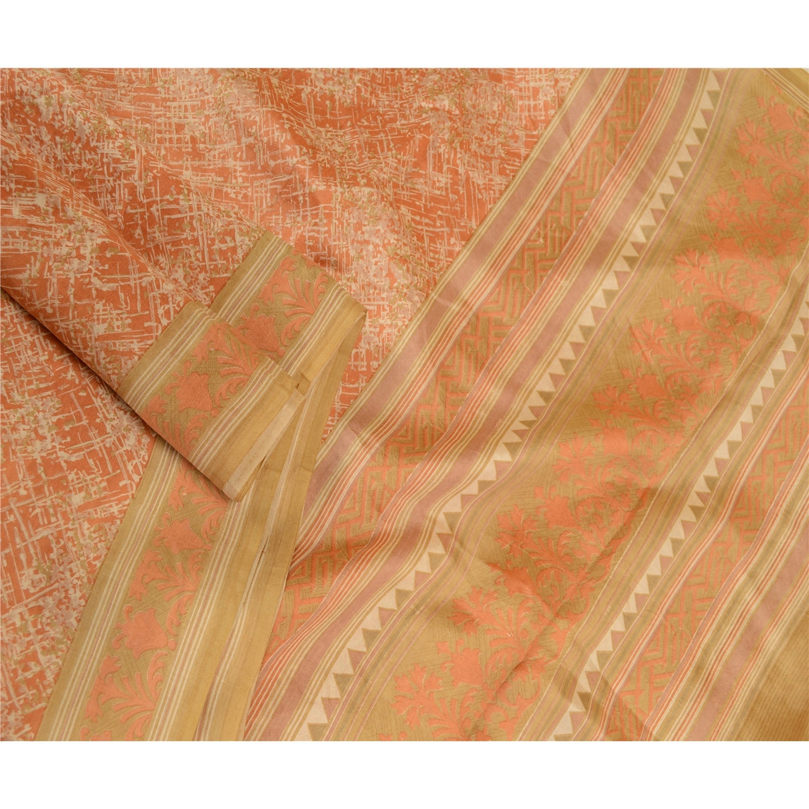 Sanskriti Vintage Peach Sarees 100% Pure Silk Printed Sari Floral Craft Fabric, PR-58503-Peach-Printed Floral Design-Pure Silk-1