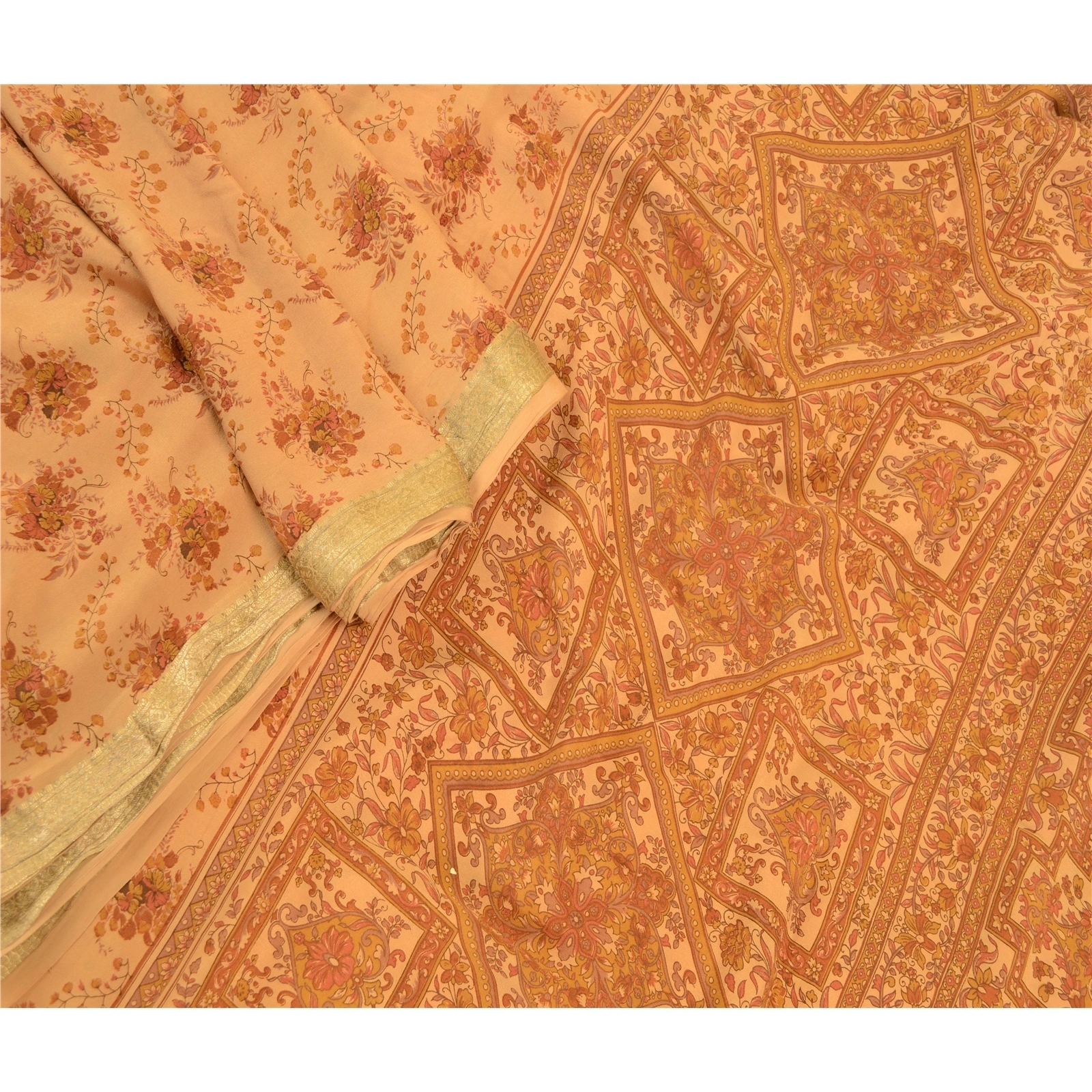 Sanskriti Vintage Brown Sarees Pure Silk Printed Zari Border Sari Craft Fabric, PR-58509-Brown-Printed Floral Design-Pure Silk-1