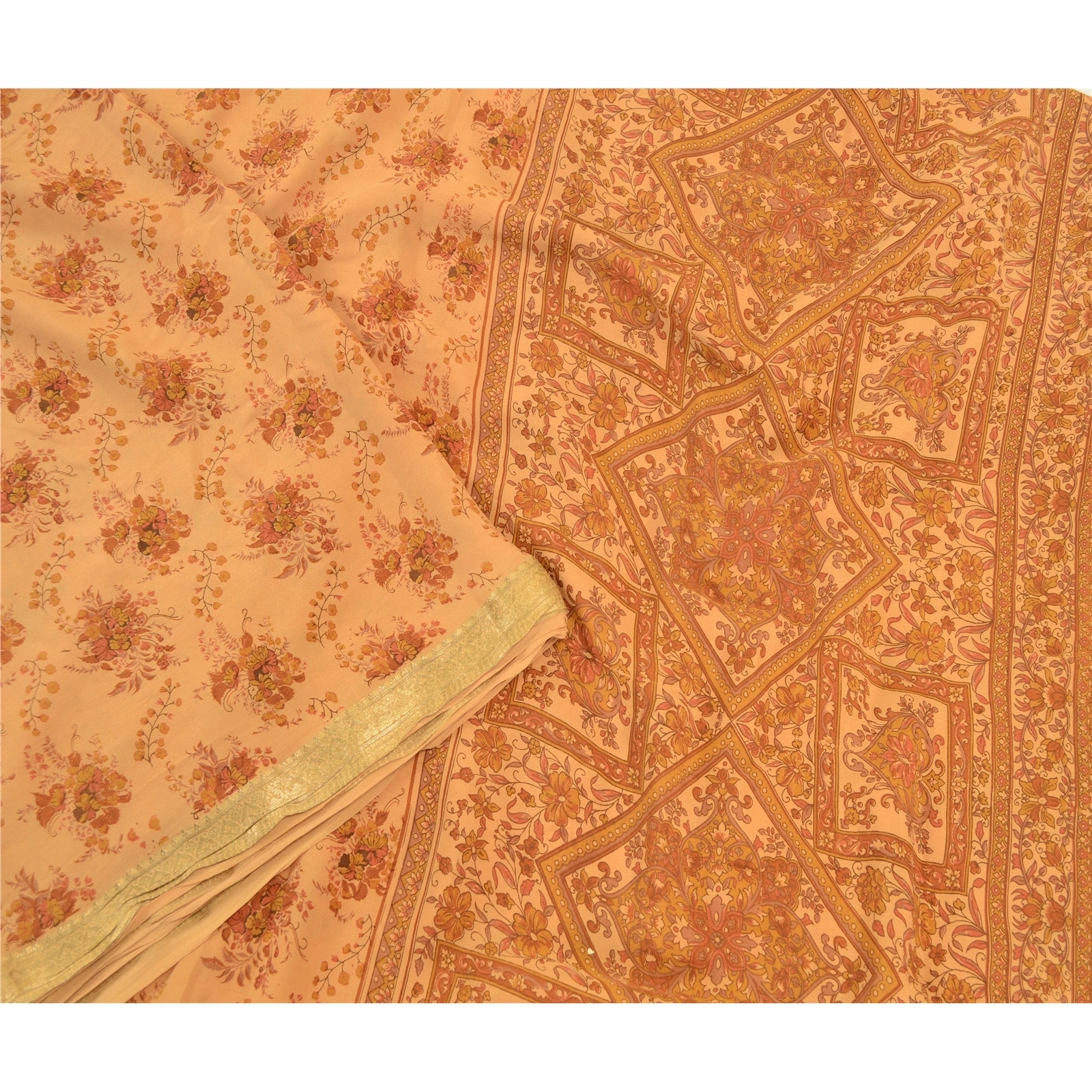 Sanskriti Vintage Brown Sarees Pure Silk Printed Zari Border Sari Craft Fabric, PR-58509-Brown-Printed Floral Design-Pure Silk-2