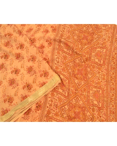 Sanskriti Vintage Brown Sarees Pure Silk Printed Zari Border Sari Craft Fabric, PR-58509-Brown-Printed Floral Design-Pure Silk-2