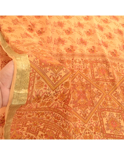 Sanskriti Vintage Brown Sarees Pure Silk Printed Zari Border Sari Craft Fabric, PR-58509-Brown-Printed Floral Design-Pure Silk-5
