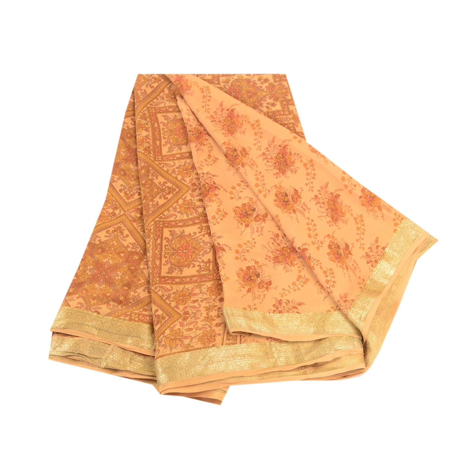 Sanskriti Vintage Brown Sarees Pure Silk Printed Zari Border Sari Craft Fabric, PR-58509-Brown-Printed Floral Design-Pure Silk-6