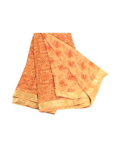 Sanskriti Vintage Brown Sarees Pure Silk Printed Zari Border Sari Craft Fabric, PR-58509-Brown-Printed Floral Design-Pure Silk-6