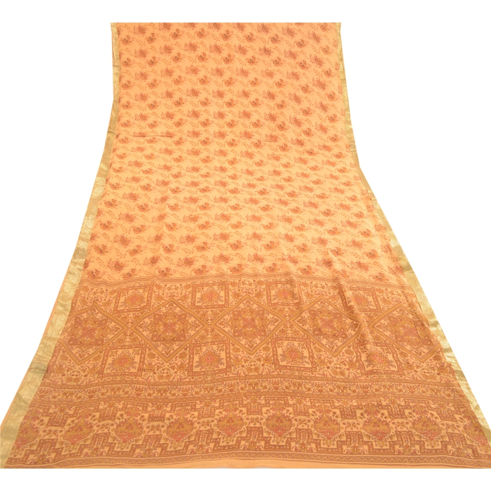 Sanskriti Vintage Brown Sarees Pure Silk Printed Zari Border Sari Craft Fabric, PR-58509-Brown-Printed Floral Design-Pure Silk-7