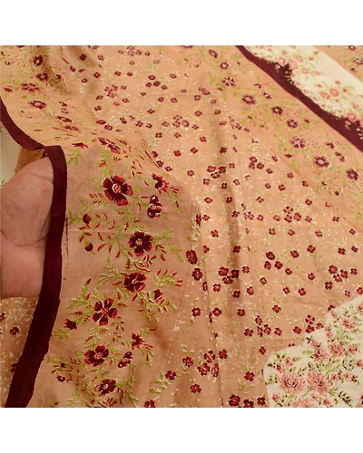 Sanskriti Vintage Salted Caramel Sarees Pure Silk Printed Sari 5Yd Craft Fabric, PR-58518-Salted Caramel-Printed Floral Design-Pure Silk-5