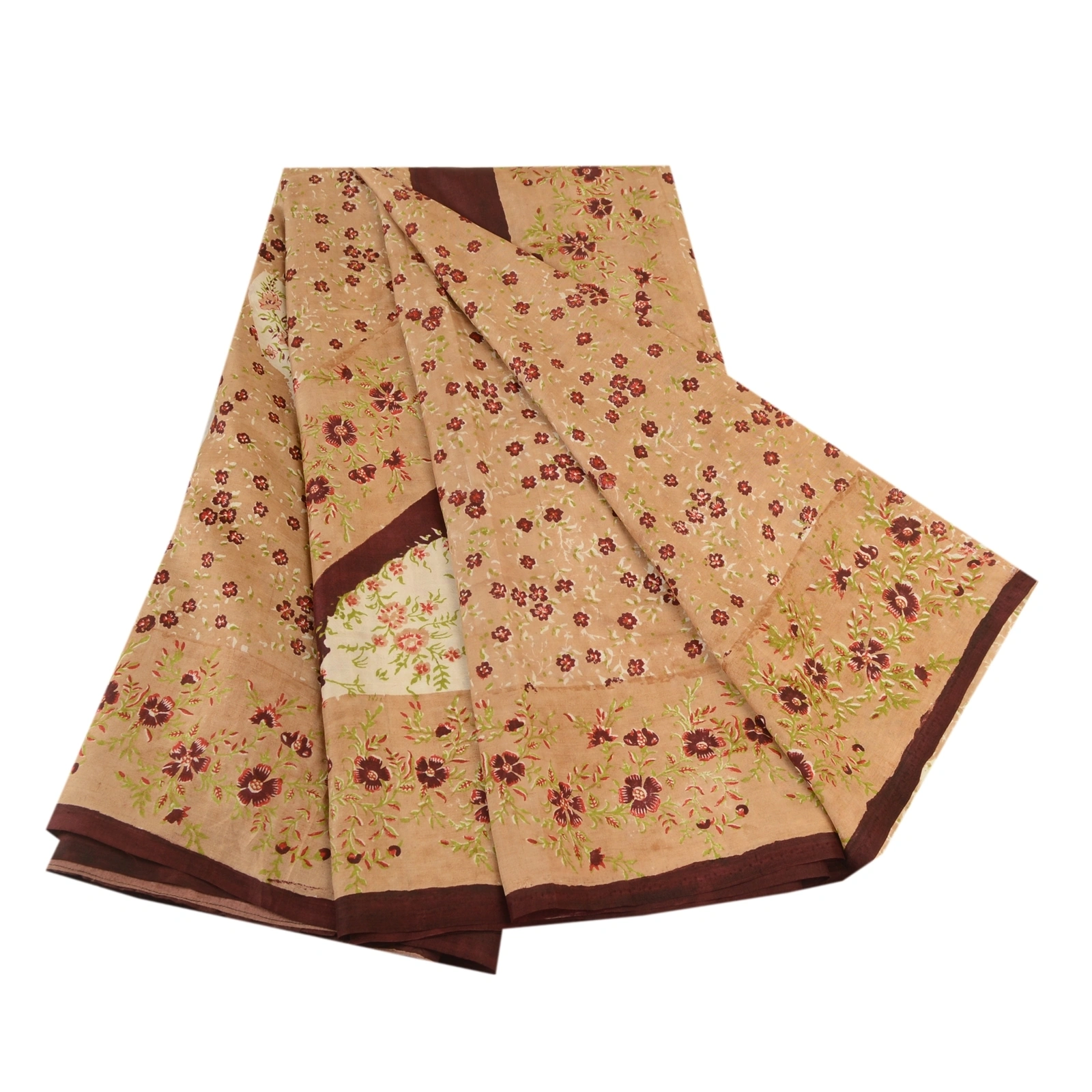 Sanskriti Vintage Salted Caramel Sarees Pure Silk Printed Sari 5Yd Craft Fabric, PR-58518-Salted Caramel-Printed Floral Design-Pure Silk-6