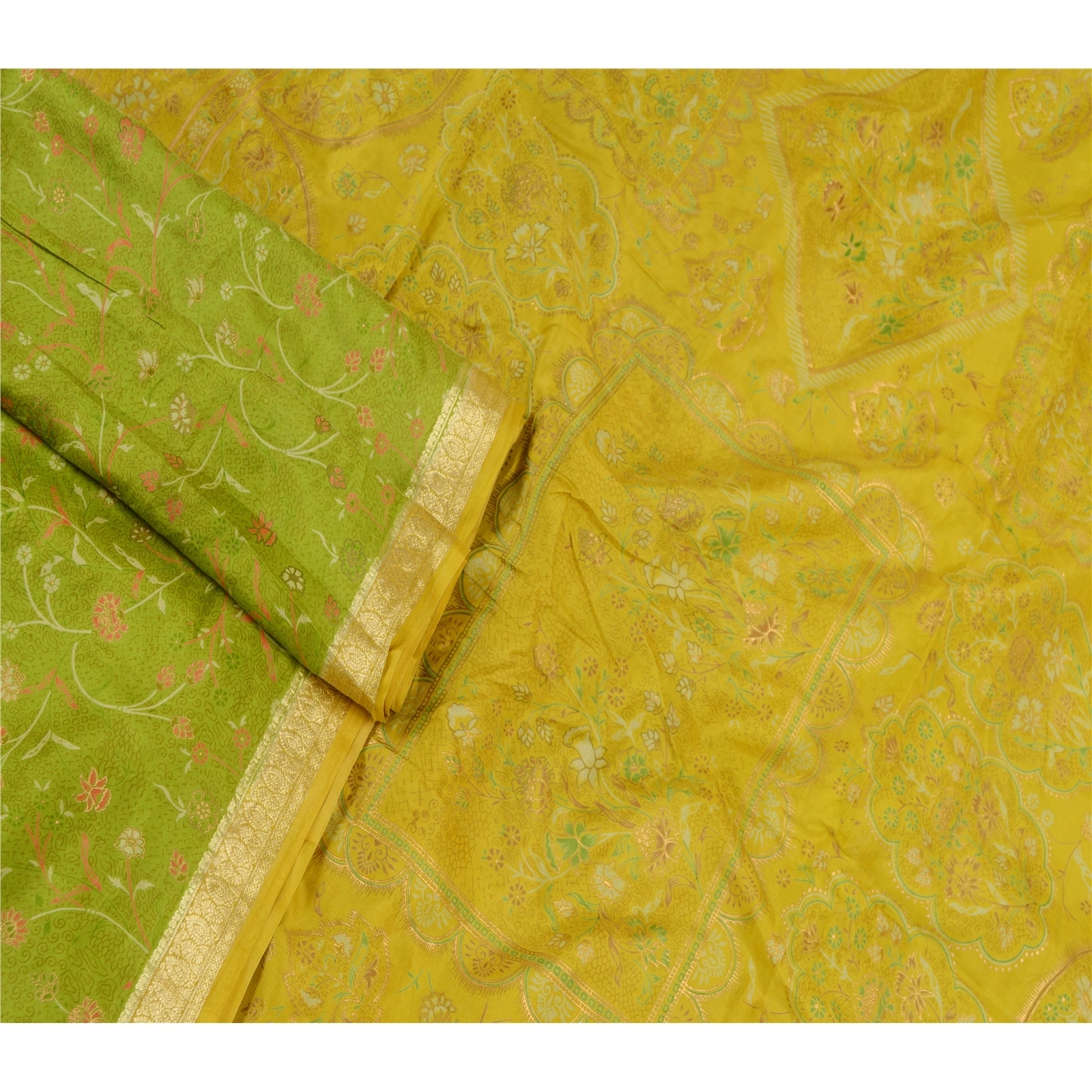 Sanskriti Vintage Green Golden Printed Sarees Pure Silk Sari Soft Craft Fabric, PR-58536-Green-Printed Floral Design-Pure Silk-1