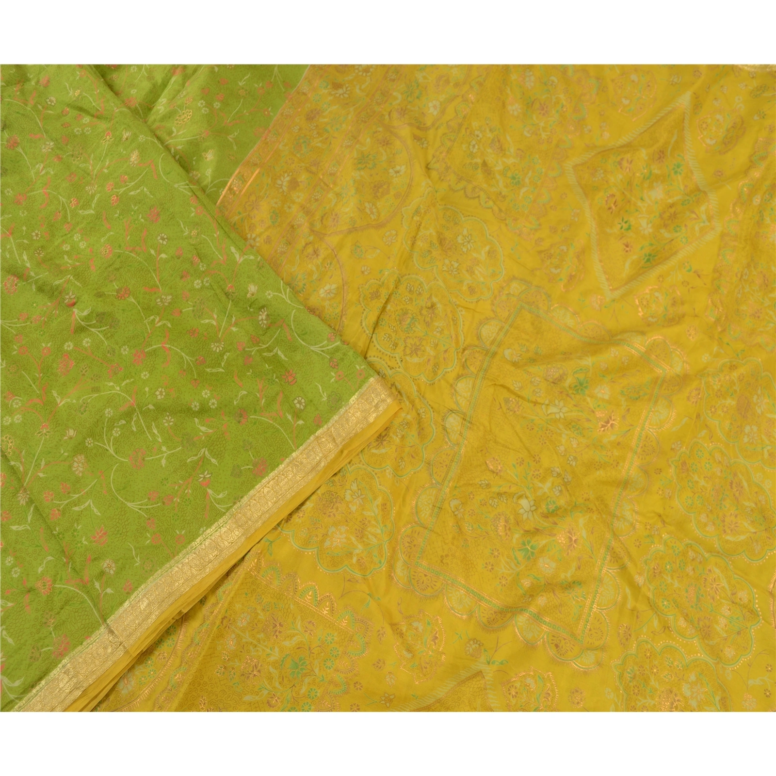 Sanskriti Vintage Green Golden Printed Sarees Pure Silk Sari Soft Craft Fabric, PR-58536-Green-Printed Floral Design-Pure Silk-2