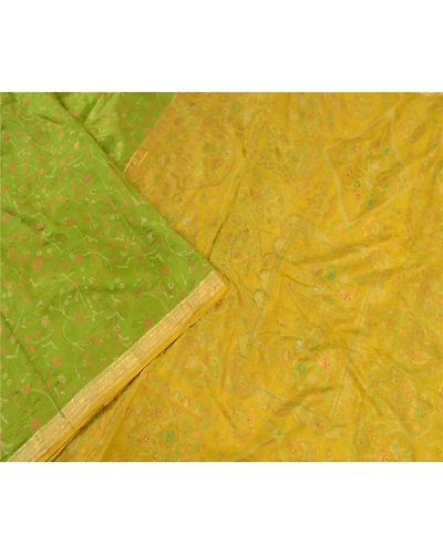 Sanskriti Vintage Green Golden Printed Sarees Pure Silk Sari Soft Craft Fabric, PR-58536-Green-Printed Floral Design-Pure Silk-2