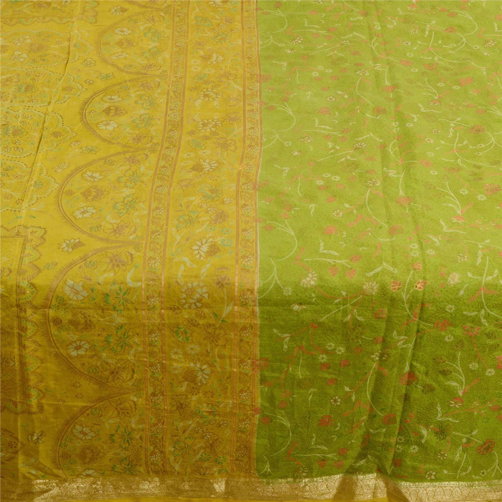 Sanskriti Vintage Green Golden Printed Sarees Pure Silk Sari Soft Craft Fabric, PR-58536-Green-Printed Floral Design-Pure Silk-3