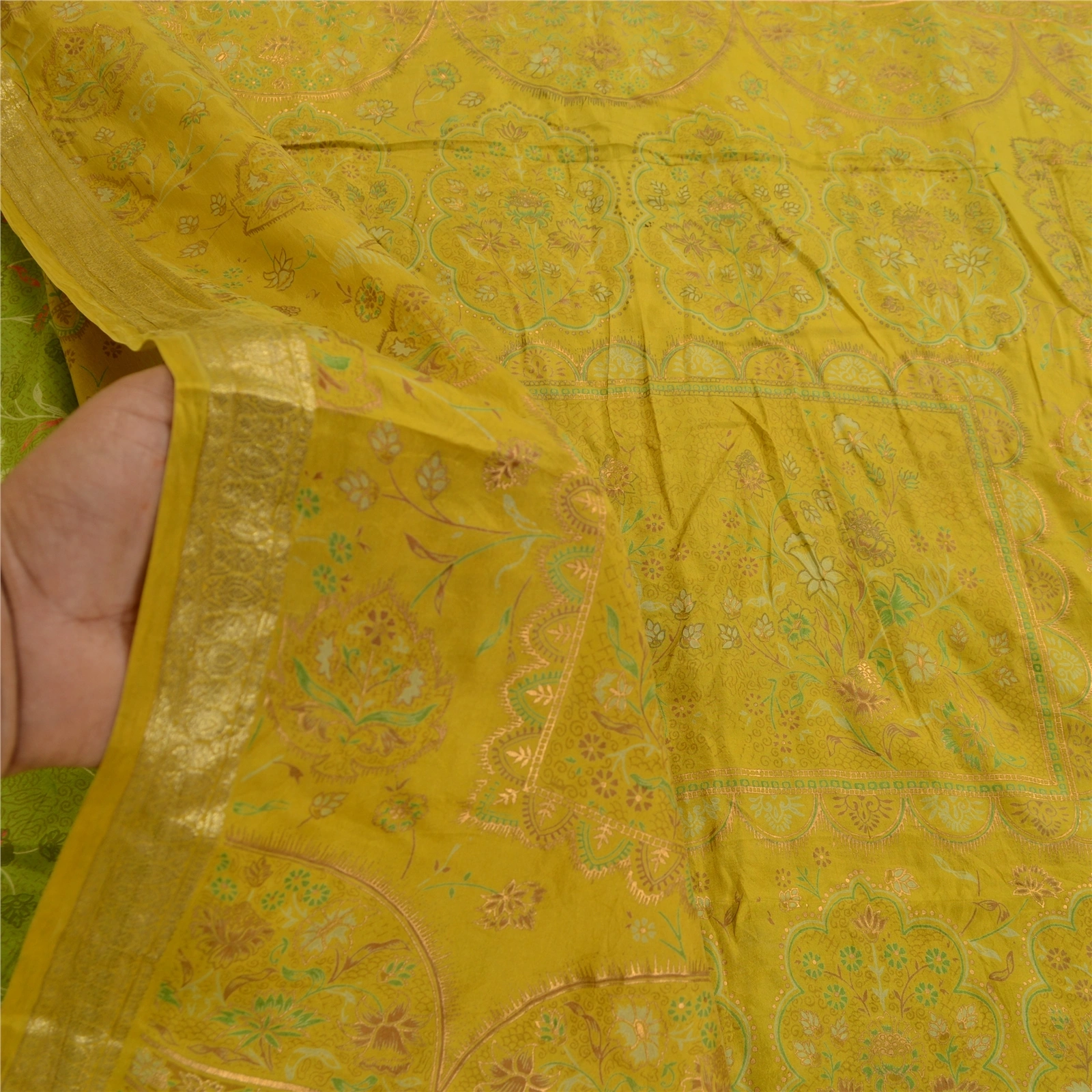 Sanskriti Vintage Green Golden Printed Sarees Pure Silk Sari Soft Craft Fabric, PR-58536-Green-Printed Floral Design-Pure Silk-5