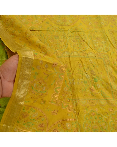 Sanskriti Vintage Green Golden Printed Sarees Pure Silk Sari Soft Craft Fabric, PR-58536-Green-Printed Floral Design-Pure Silk-5