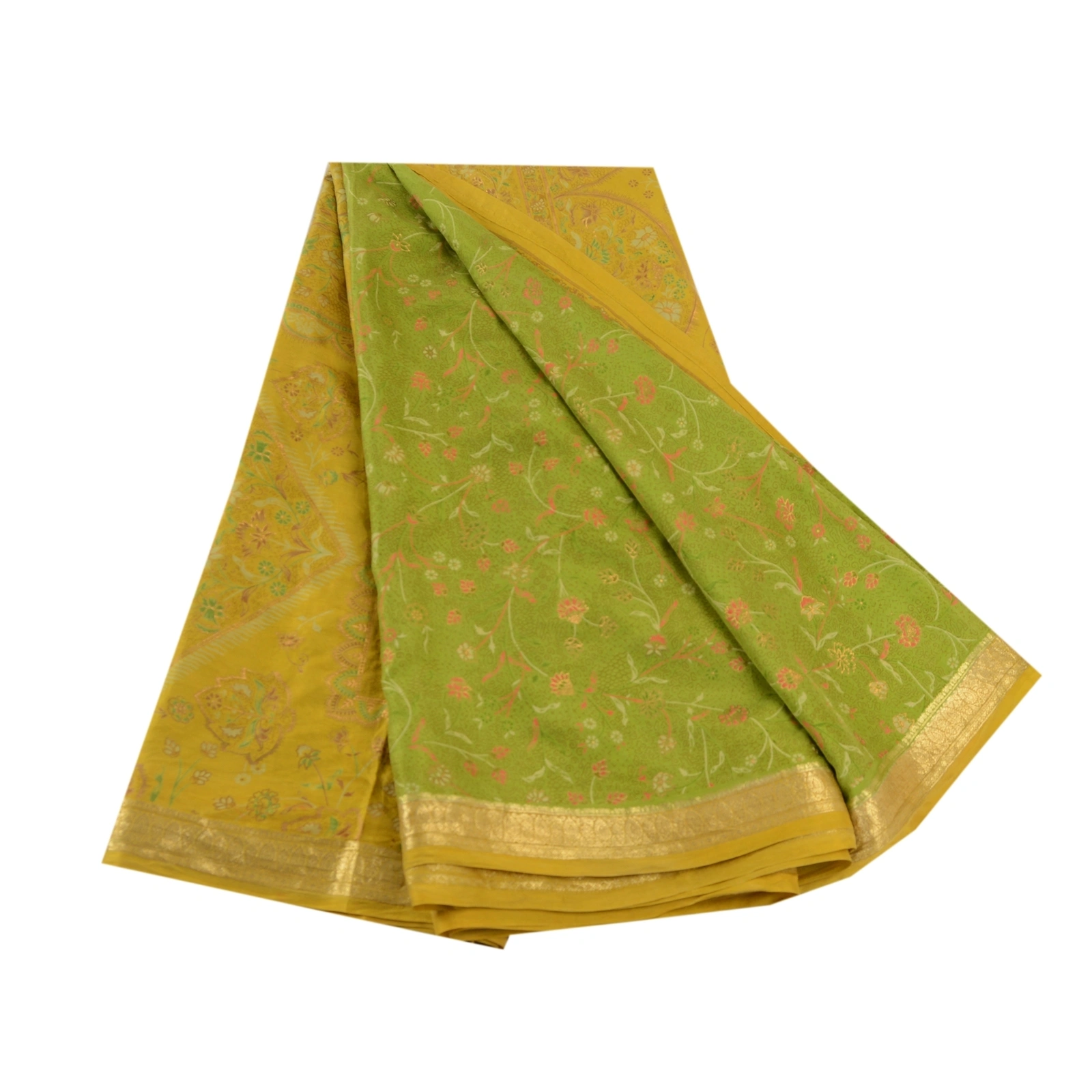 Sanskriti Vintage Green Golden Printed Sarees Pure Silk Sari Soft Craft Fabric, PR-58536-Green-Printed Floral Design-Pure Silk-6