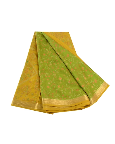 Sanskriti Vintage Green Golden Printed Sarees Pure Silk Sari Soft Craft Fabric, PR-58536-Green-Printed Floral Design-Pure Silk-6