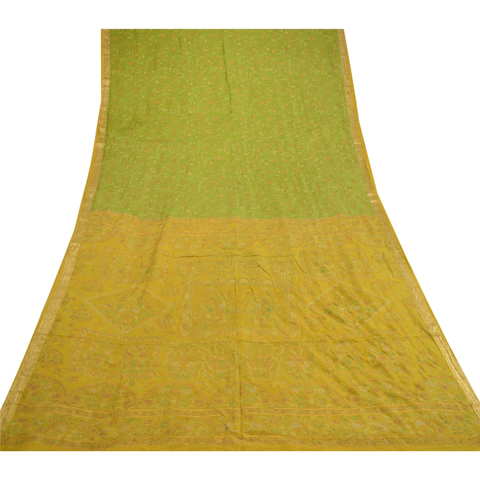 Sanskriti Vintage Green Golden Printed Sarees Pure Silk Sari Soft Craft Fabric, PR-58536-Green-Printed Floral Design-Pure Silk-7