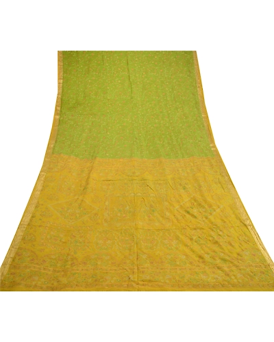 Sanskriti Vintage Green Golden Printed Sarees Pure Silk Sari Soft Craft Fabric, PR-58536-Green-Printed Floral Design-Pure Silk-7