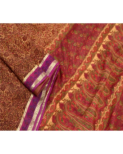 Sanskriti Vintage Dark Red Sarees Pure Silk Print Zari Border Sari Craft Fabric, PR-58547-Dark Red-Printed Floral Design-Pure Silk-1