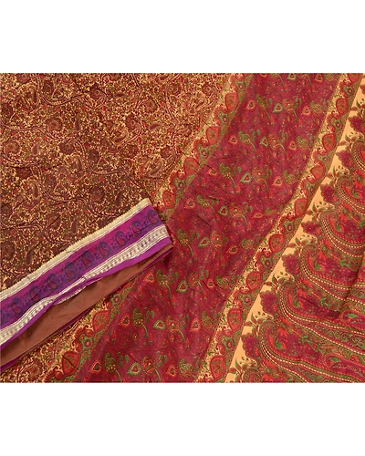 Sanskriti Vintage Dark Red Sarees Pure Silk Print Zari Border Sari Craft Fabric, PR-58547-Dark Red-Printed Floral Design-Pure Silk-2