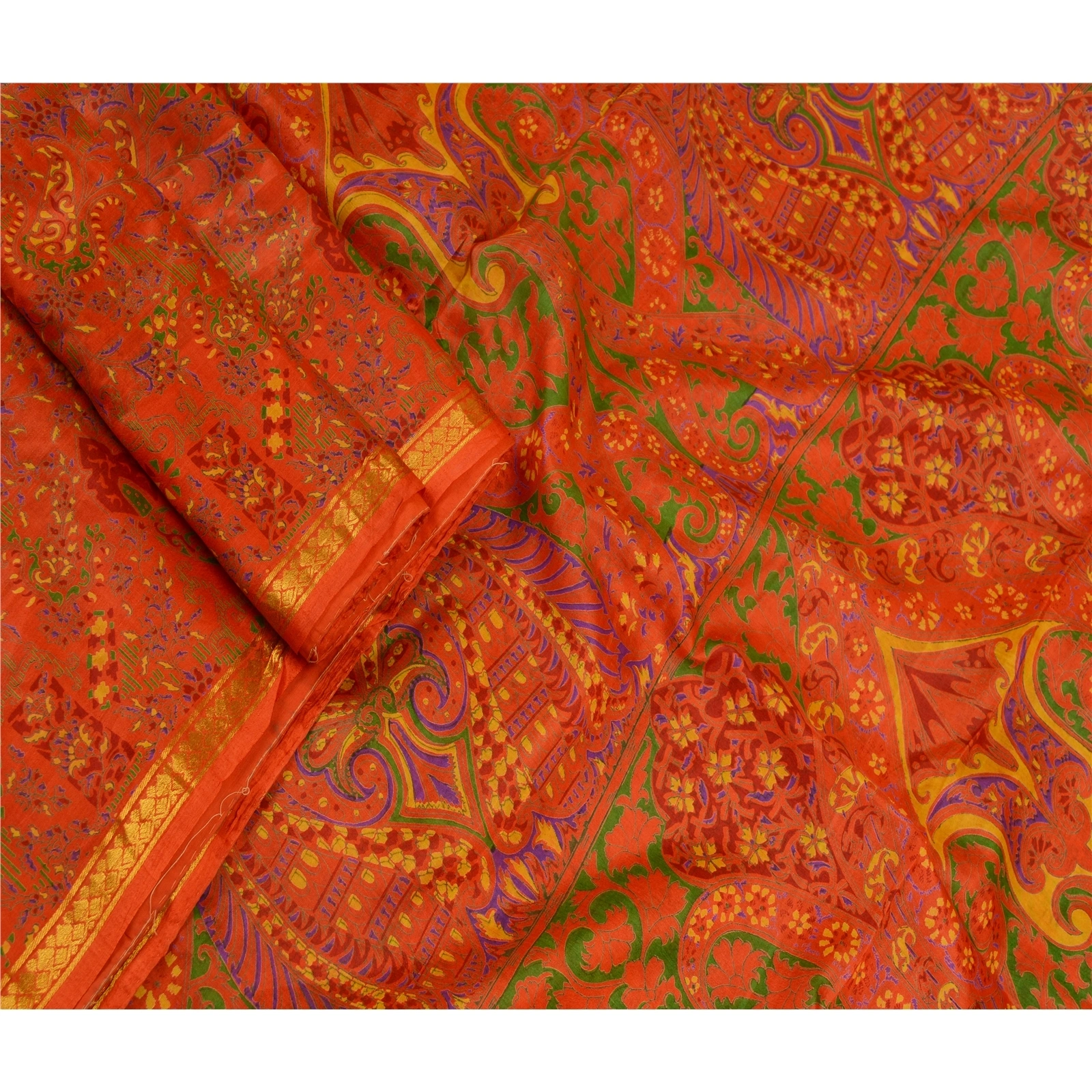 Sanskriti Vintage Red Sarees Pure Silk Printed Zari Border Sari 5Yd Craft Fabric, PR-58549-Red-Printed Floral Design-Pure Silk-1