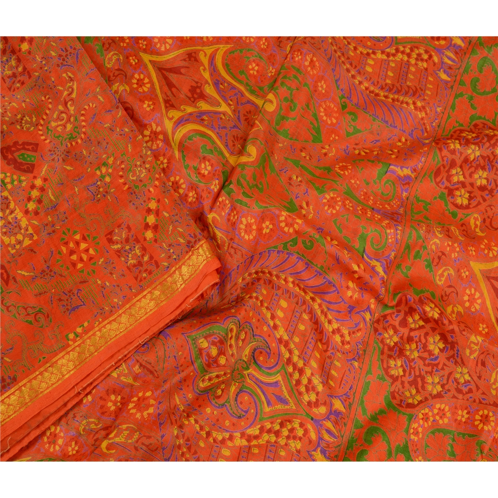 Sanskriti Vintage Red Sarees Pure Silk Printed Zari Border Sari 5Yd Craft Fabric, PR-58549-Red-Printed Floral Design-Pure Silk-2