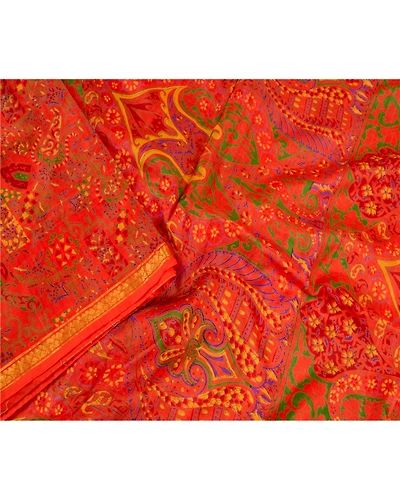 Sanskriti Vintage Red Sarees Pure Silk Printed Zari Border Sari 5Yd Craft Fabric, PR-58549-Red-Printed Floral Design-Pure Silk-2