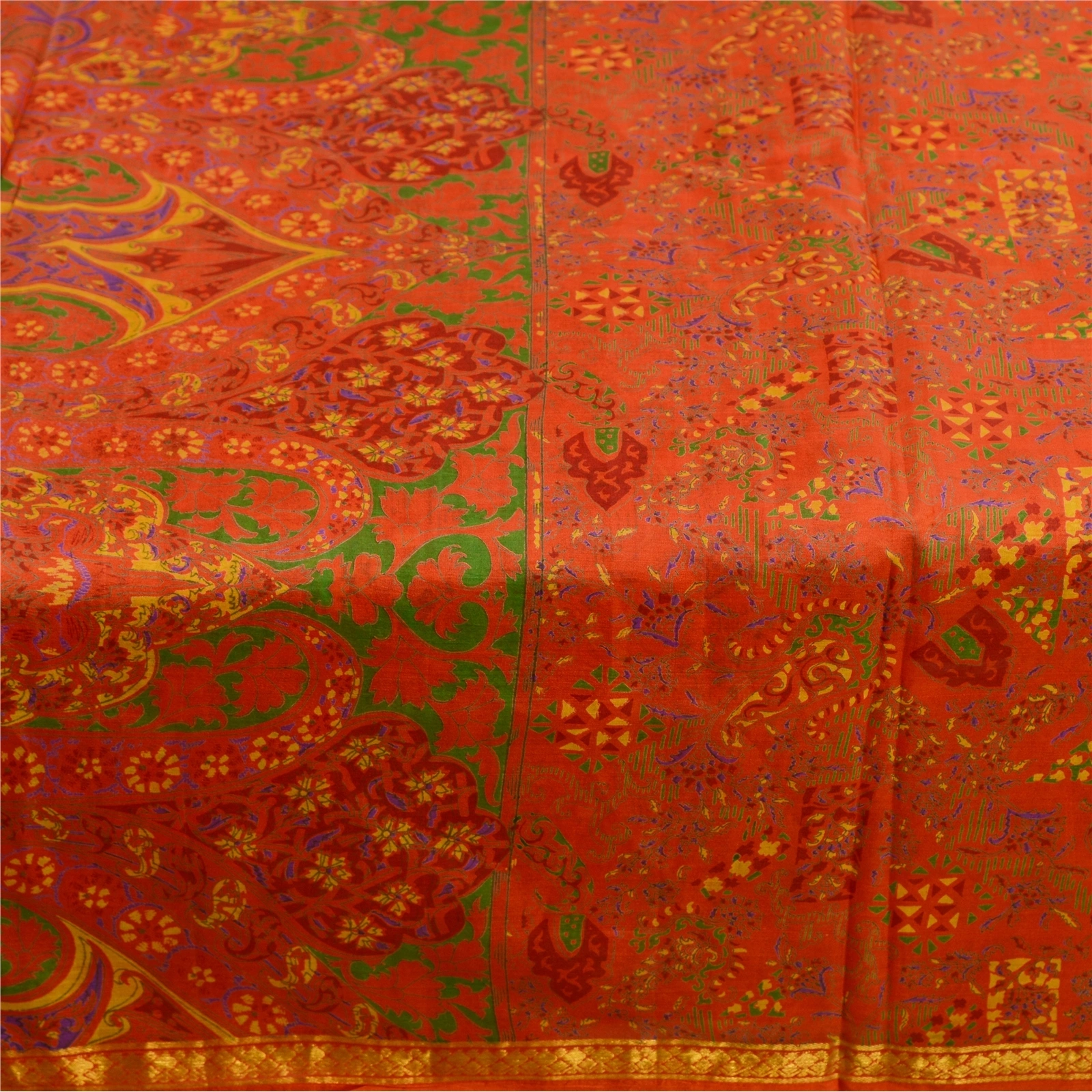 Sanskriti Vintage Red Sarees Pure Silk Printed Zari Border Sari 5Yd Craft Fabric, PR-58549-Red-Printed Floral Design-Pure Silk-3